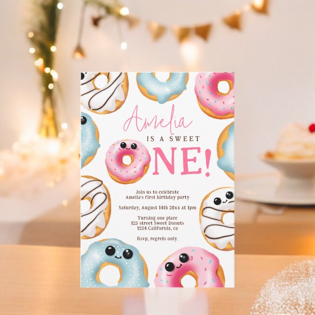Invitación Dulce Adorable Un lindo donuts 1º cumpleaños (Adorable Sweet One cute donuts 1st birthday Invitation)