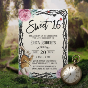 Invitación Dulce Alicia 16 con armazón floral en el país de l