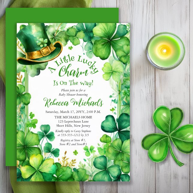 Invitación Dulce Amuleto de la Suerte Fiesta de Bebé del Día  (Little Lucky Charm St. Patrick’s Day Baby Shower Invitation -- Print | Digital Download)
