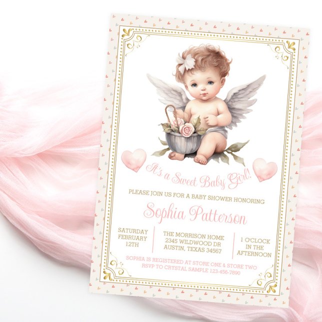 Invitación Dulce ángel de San Valentín Baby Shower (Sweet baby shower invitation with adorable baby girl cherub on a pretty heart background.)