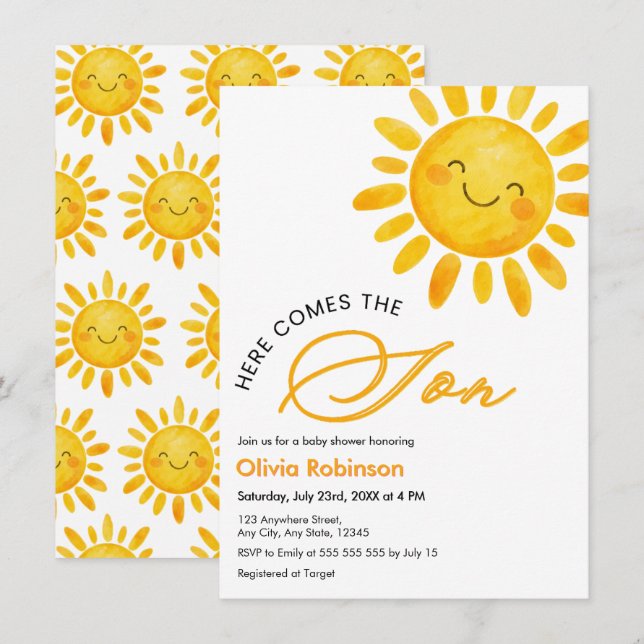 Invitación Dulce Aquí viene el Sol Fiesta de Bebé  (Anverso / Reverso)