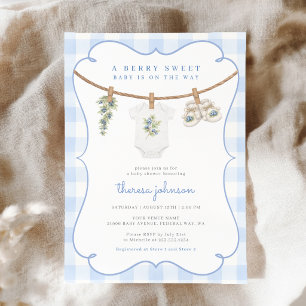 Invitación Dulce arbolito de ropa con gingham azul para baby