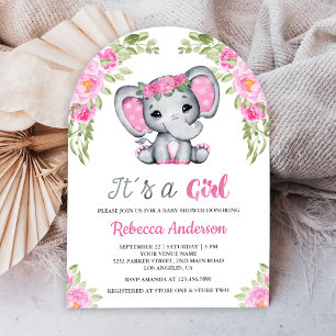 Invitación Dulce Arco de Elefante Floral Rosa para Baby Showe