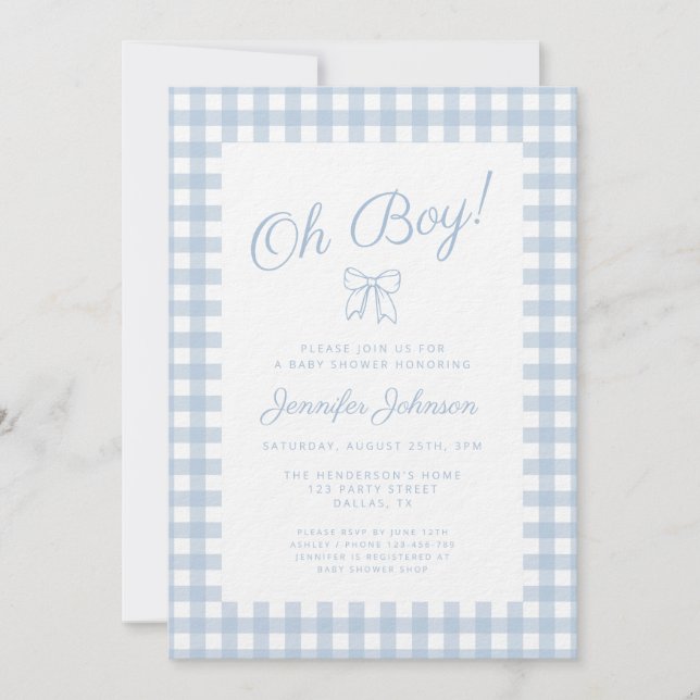 Invitación Dulce Arco de Gingham Azul Niño Shower de Bebé (Anverso)