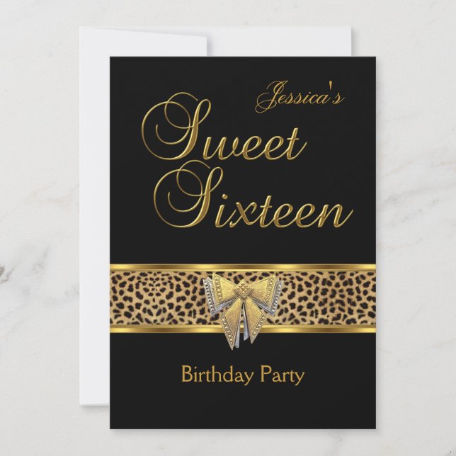 Invitación Dulce arco de Leopardo Negro de oro de 16 cumpleañ (Anverso)