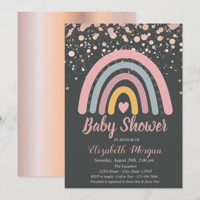 Invitación Dulce Arcoíris, Baby Shower Rosa Dorado (Anverso / Reverso)
