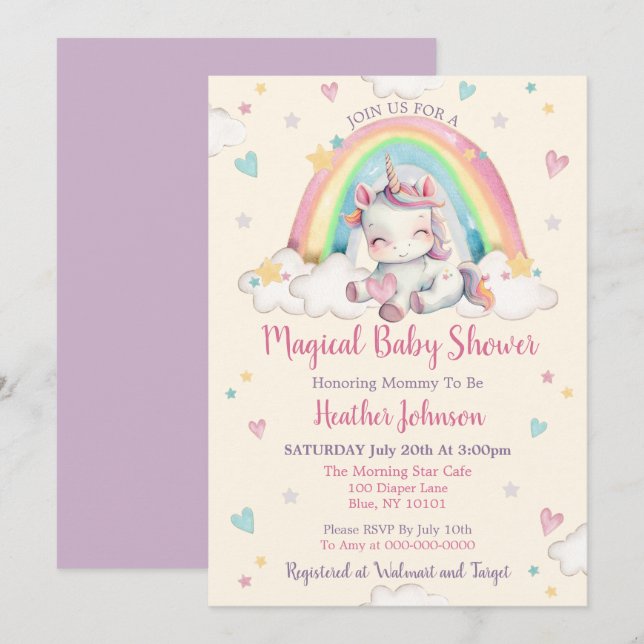 Invitación Dulce Arcoíris Unicornio Baby Shower (Anverso / Reverso)