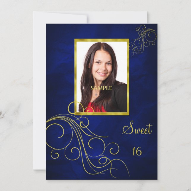 Invitación Dulce azul 16 de la foto del remolino del oro (Anverso)