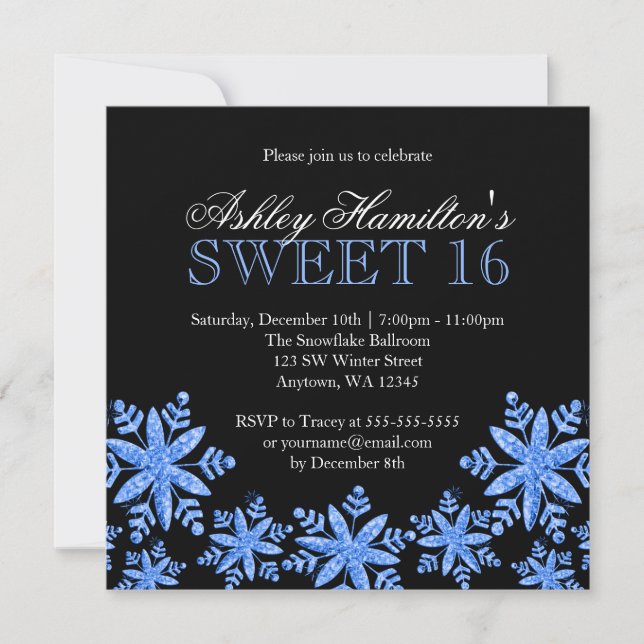 Invitación Dulce azul de los copos de nieve de la chispa país (Anverso)