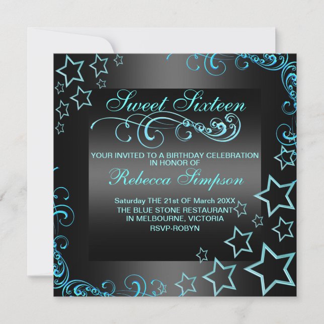 Invitación Dulce azul/negro16 Estrellas y cumpleaños Swirl In (Anverso)