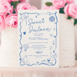Invitación Dulce azul retro dibujado a mano francés Sweet 16<br><div class="desc">Celebra tu dulce cumpleaños de 16 años con nuestra encantadora invitación de cumpleaños azul y beige retro! Este diseño francés vintage de dibujos a mano desprende elegancia y calidez, con delicados calamares, arcos ondulados y complicados bocetos de comida y bebida, como copas de vino, cócteles y deliciosas golosinas. Los detalles...</div>