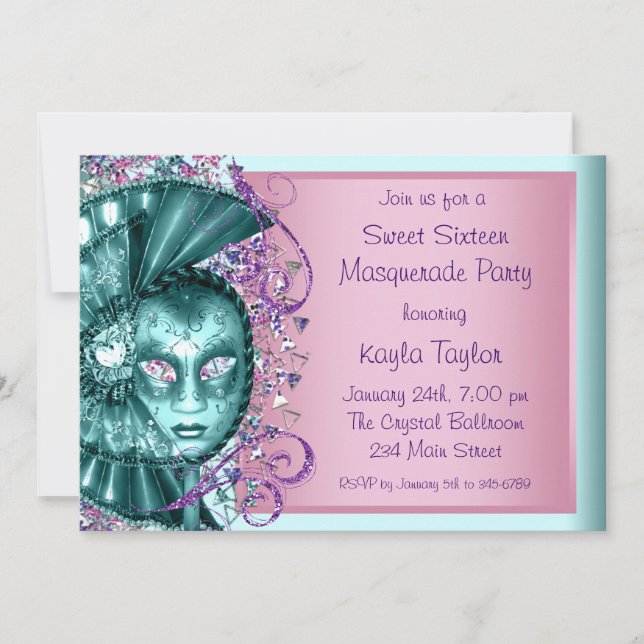 Invitación Dulce azul rosado Verde azulado Dieciséis Fiestas  (Anverso)