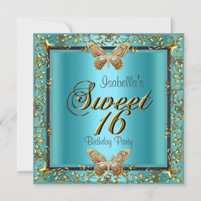 Invitación Dulce azul verde azulado Dieciséis Mariposa de Oro (Anverso)