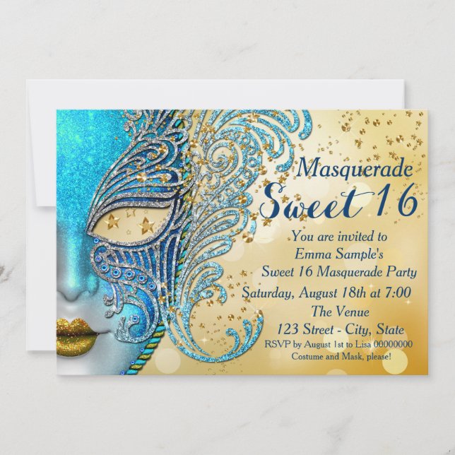 Invitación Dulce azul y oro verde azulado 16 Fiesta de mascar (Anverso)