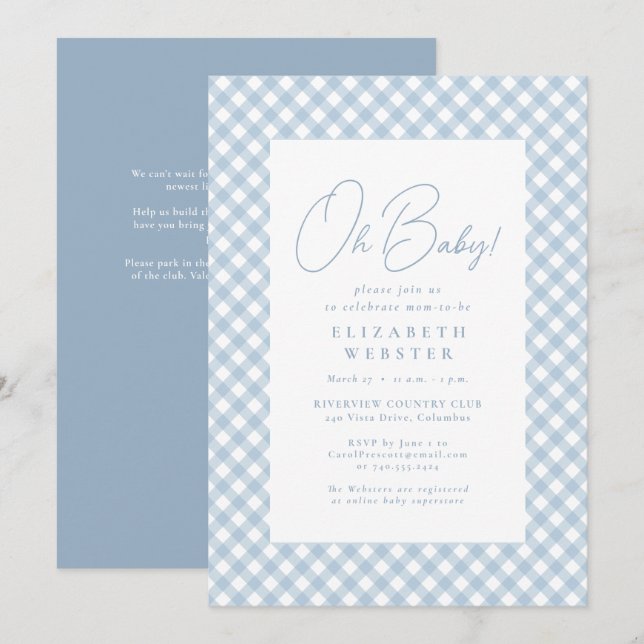 Invitación Dulce baby shower a cuadros azules simple (Anverso / Reverso)