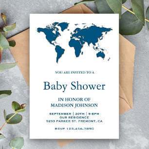 Invitación Dulce Baby Shower con Mapa del Mundo Azul Moderno