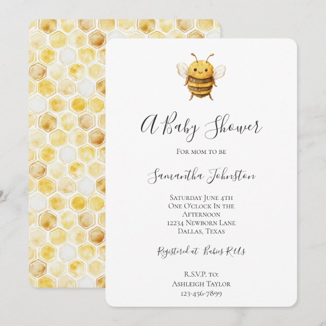 Invitación Dulce Baby Shower de Abeja  (Anverso / Reverso)