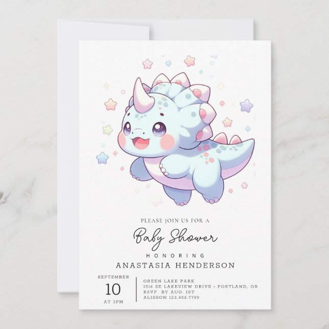 Invitación Dulce Baby Shower de dinosaurio Dreamy (Anverso)