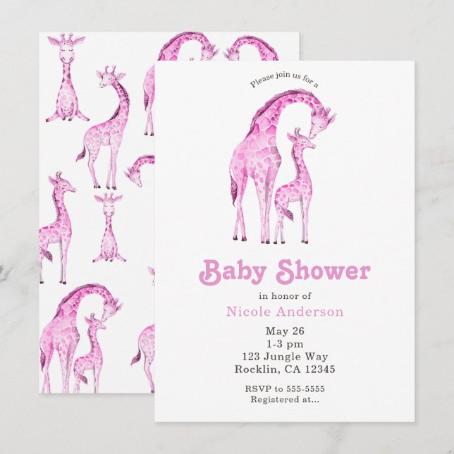 Invitación Dulce Baby Shower de Jirafas Rosadas (Anverso / Reverso)