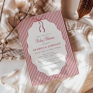 Invitación Dulce Baby Shower de lazo rojo a rayas finas