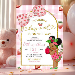 Invitación Dulce Baby Shower de Niña Coquette Gingham Fresa