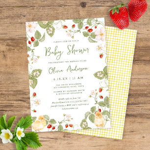 Invitación Dulce Baby Shower de Pollitos de Acuarela de Fresa