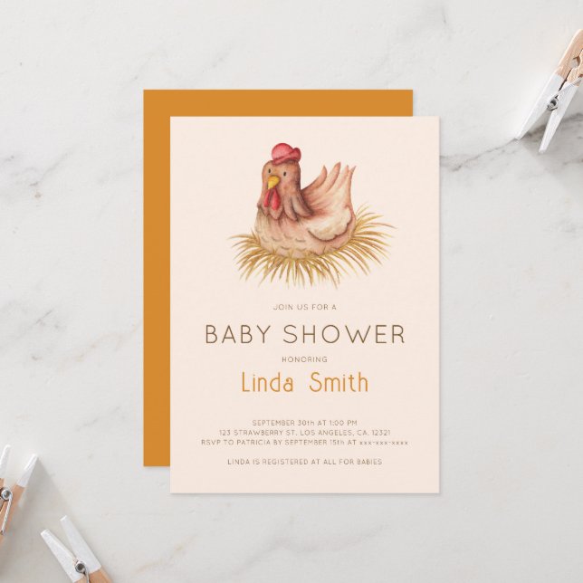 Invitación Dulce Baby Shower de Pollo Acuarela Boho (Anverso/Reverso In Situ)