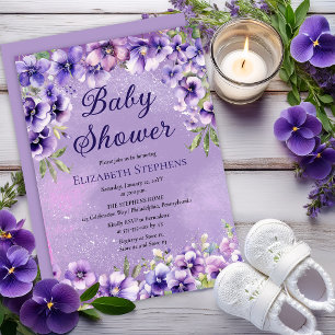Invitación Dulce Baby Shower Floral de Violetas Moradas Elega
