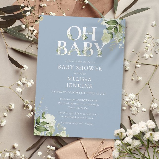 Invitación Dulce Baby Shower Verde Botánico Azul Polvo Oh Bab (Dusty Blue Oh Baby Botanical Greenery Baby Shower Invitation)