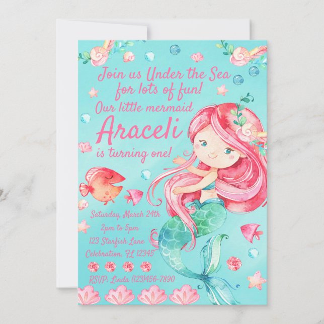 Invitación Dulce bajo el mar Chicas de sirenas rosadas Cumple (Anverso)