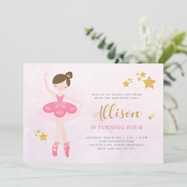 Invitación Dulce Balerina de Oro y Rosa (Anverso de pie)