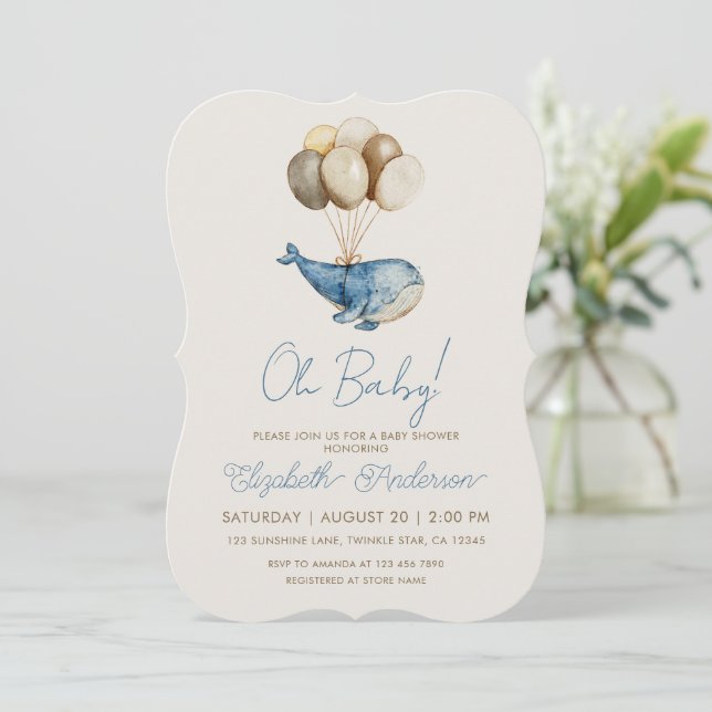 Invitación Dulce ballena azul soñadora y globos Shower de beb (Anverso de pie)