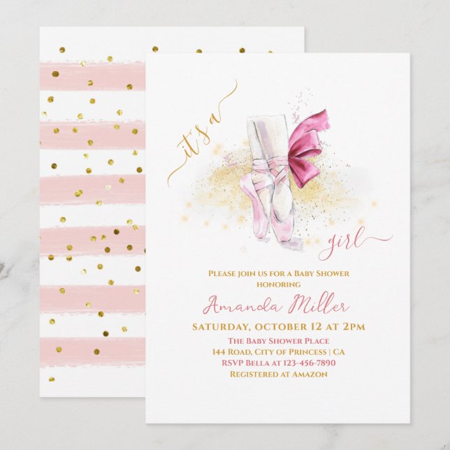 Invitación Dulce Ballet Zapatos Ilustracion Bebé Ducha (Anverso / Reverso)