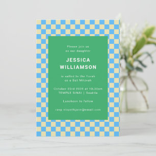 Invitación Dulce Bat Mitzvah Retro Cuadrícula Azul Verde