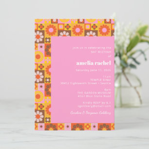 Invitación Dulce Bat Mitzvah Retro Groovy Floral Rosa Naranja