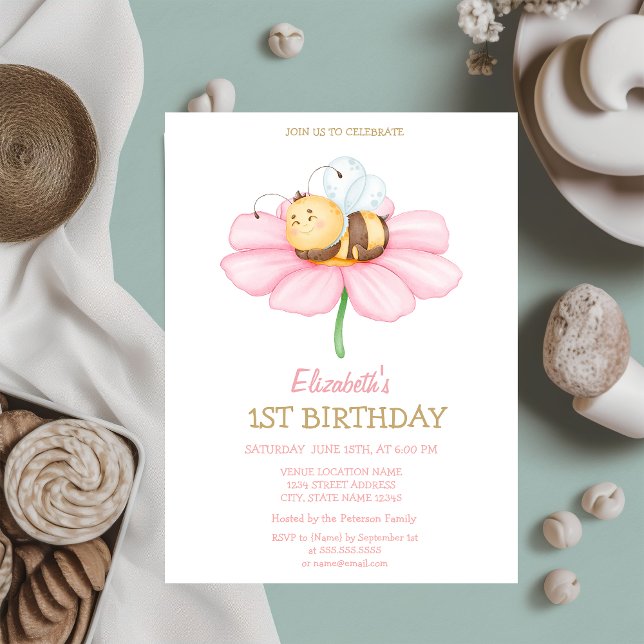 Invitación Dulce Bebé Abeja de Miel Flor Estampada Cumpleaños (Subido por el creador)