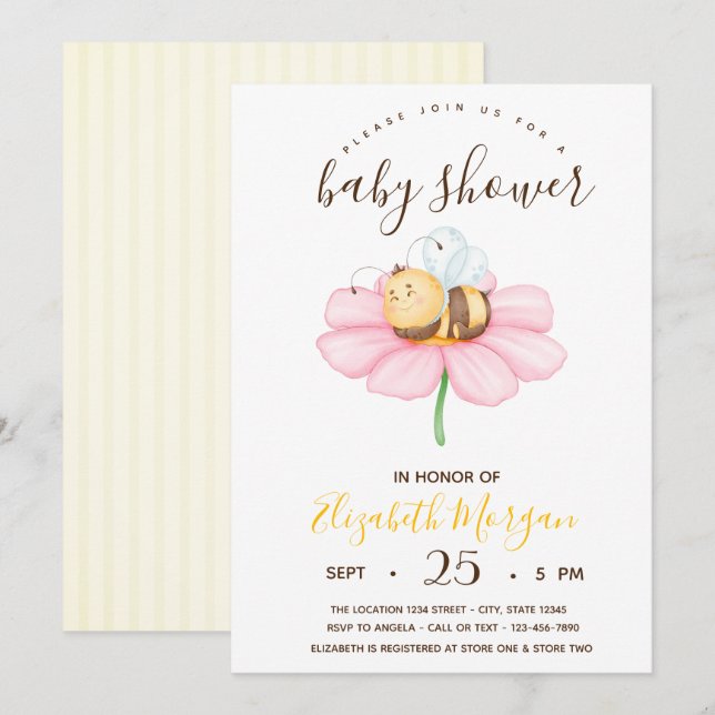 Invitación Dulce Bebé Abejorro, Rayas Baby Shower  (Anverso / Reverso)