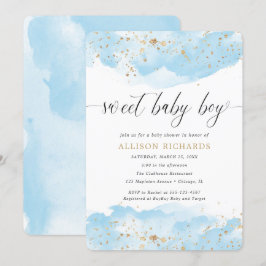 Invitación Dulce bebé acuarela azul ducha de oro