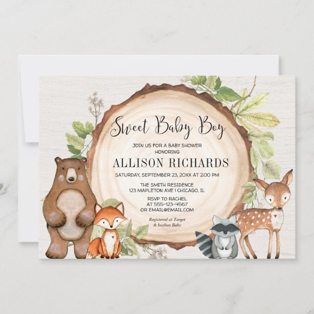 Invitación Dulce bebé amigos de la selva leñosos bebé ducha d (Anverso)