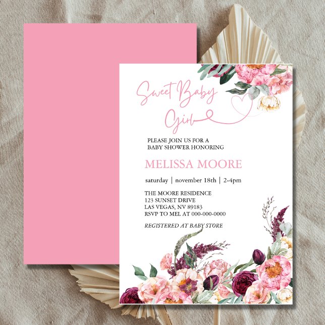 Invitación Dulce bebé boho burgundy rosa rubor floral (Subido por el creador)