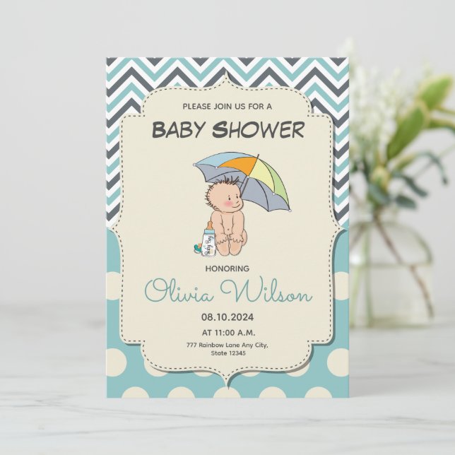 Invitación Dulce Bebé Cartoon Azul Chica Cumpleaños (Anverso de pie)