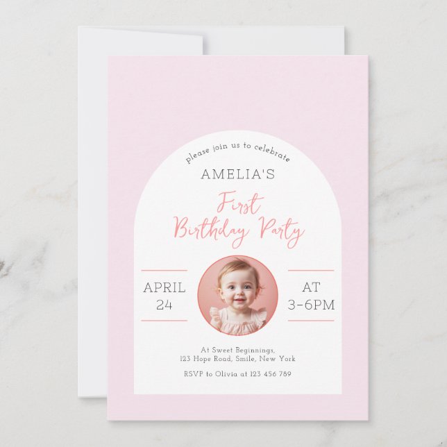 Invitación Dulce Bebé Chica Blanda Rosa Primera fiesta de cum (Anverso)