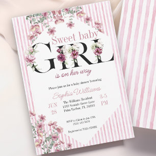 Invitación Dulce bebé Chica letras florales franjas acuáticas