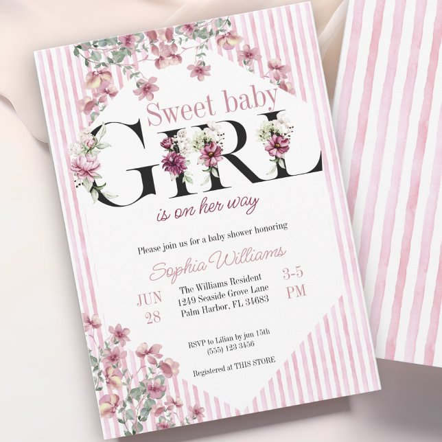 Invitación Dulce bebé Chica letras florales franjas acuáticas (Subido por el creador)
