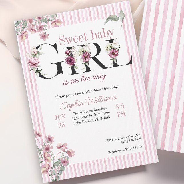 Invitación Dulce bebé Chica letras florales franjas acuáticas (Subido por el creador)
