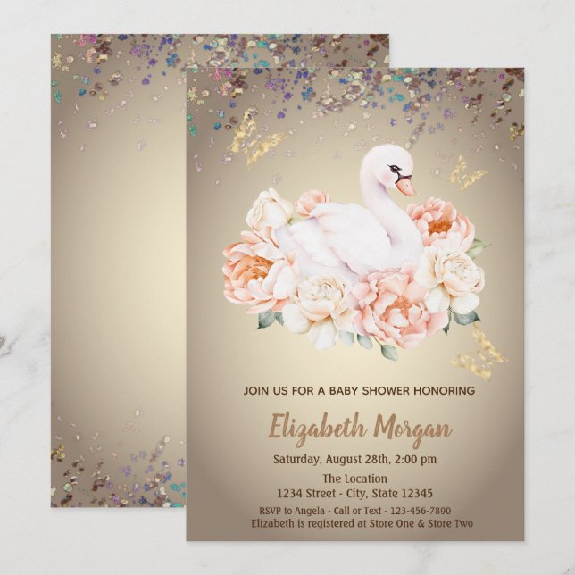 Invitación Dulce Bebé Cisne Rosas Confeti Baby Shower (Anverso / Reverso)