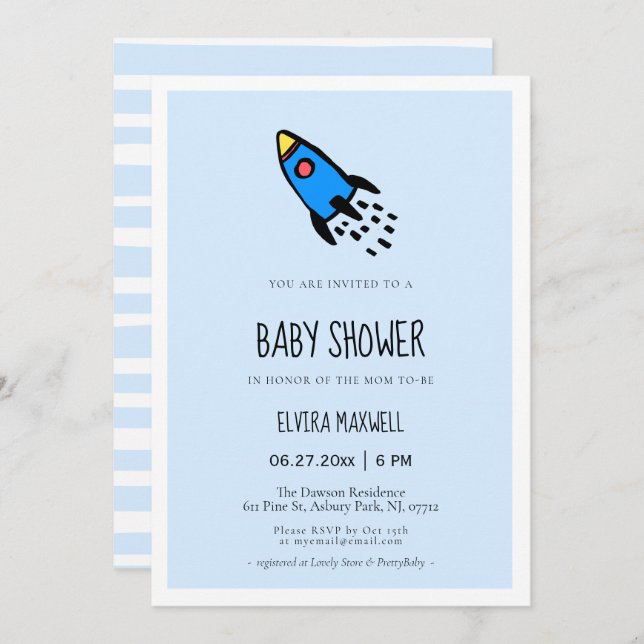 Invitación Dulce bebé cohete azul shower para niño (Anverso / Reverso)