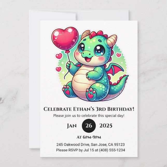 Invitación Dulce bebé dragón con globo cardíaco Cumpleaños (Anverso)
