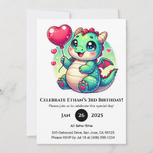 Invitación Dulce bebé dragón con globo cardíaco Cumpleaños
