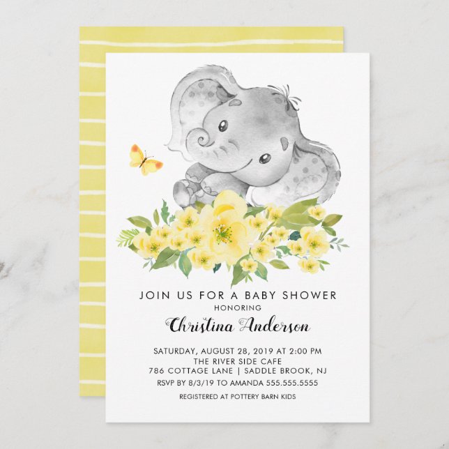 Invitación Dulce bebé elefante Baby Shower neutro (Anverso / Reverso)